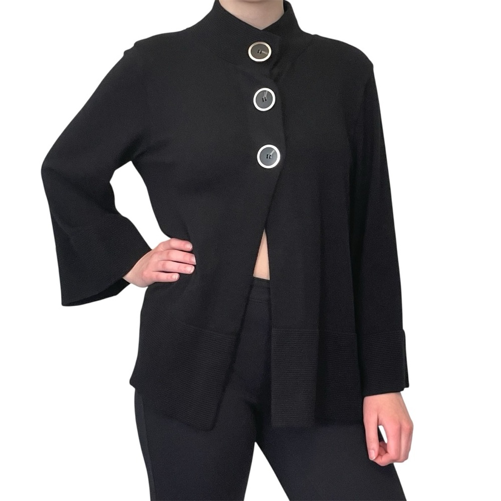 PARKHURST‎ Size Medium 3 Snap Button Bell Sleeve Mock Neck Poncho Cardigan Black